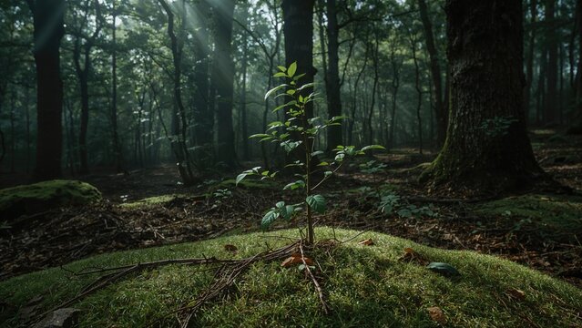 Young tree growing in a dense forest with sunlight filtering through the trees. Nature and growth, concept. Ecology and environment. The concept of forest conservation and tree planting