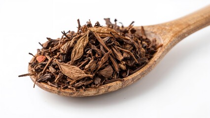 Dried leaves or herbal tea in a wooden spoon with the old image name: 1752