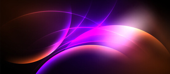 Abstract design features flowing curves, vibrant purple, pink hues. Dramatic lighting creates dynamic visual impact. Dark background emphasizes bright elements.