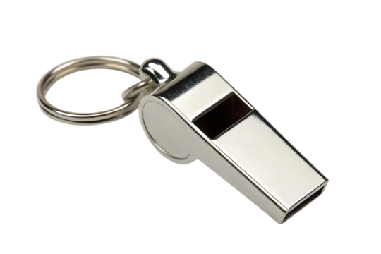 Silver metal whistle for sports and safety on transparent background