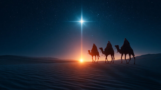 Three wise men on camels are walking through the desert at night. The Adoration of the Magi.