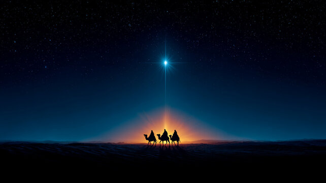 Three wise men on camels are walking through the desert at night. The Adoration of the Magi. - Powered by Adobe