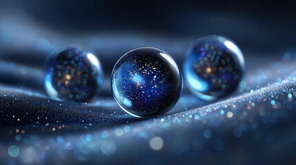 Drei mystische Glaskugeln mit kosmischen Strukturen schweben mit Lichteffekten im Weltraum