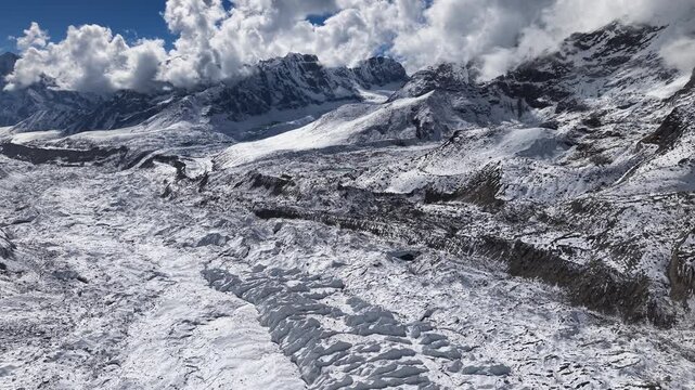 Drone shot over Everest Base Camp in Himalayas mountain range, Nepal