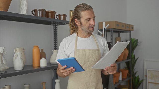 Man reading a tablet and holding documents in a studio with pottery shelves and clay vases; concentration.