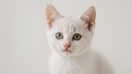 White cat with green eyes, close-up portrait, cute kitten, indoor, adorable pet.
