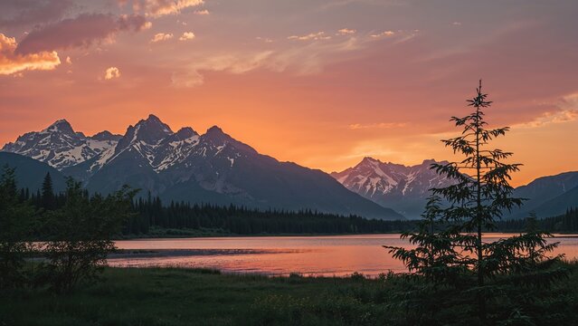 Sunset over mountain landscape with lake, trees, and snow-capped peaks. Nature and scenic view, tranquility and wilderness. The serene wilderness at dusk.