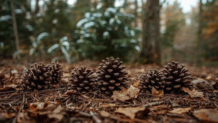 Four pine cones on the forest floor with fallen leaves, surrounded by trees and greenery in the background.