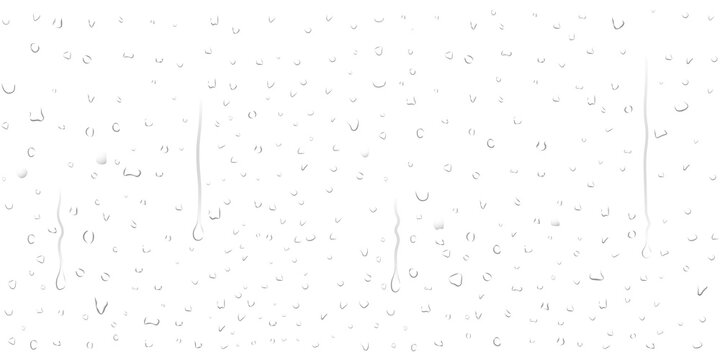 Realistic transparent water droplets, drops, water-drop on wet clear window surface with crystal clarity dripping, fresh liquid texture, dripped on clear glass surface for design