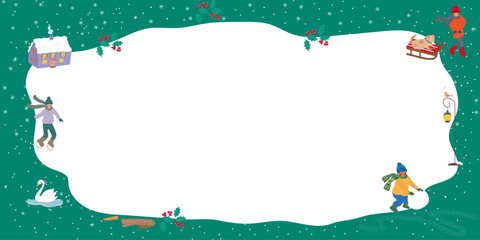 Festive winter illustration frame featuring children playing in the snow, ice skating, a sledding dog, holly accents, and cozy seasonal elements. Vector art