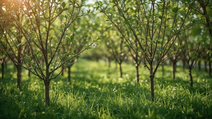 Fototapeta premium Young trees in a lush green orchard bathed in sunlight. Natural setting with thriving vegetation. Vibrant and fresh environment.