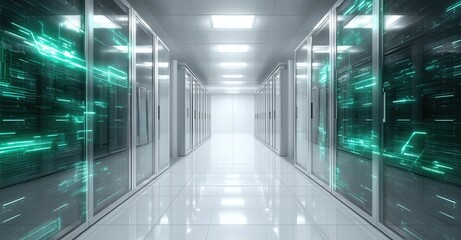 A long hallway with many windows and a green light