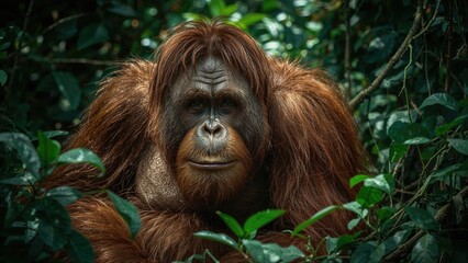 Fototapeta premium A young orangutan in the rainforest surrounded by green foliage.