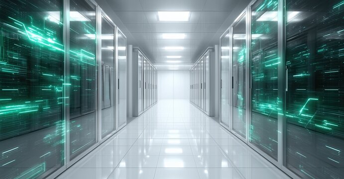 A long hallway with many windows and a green light