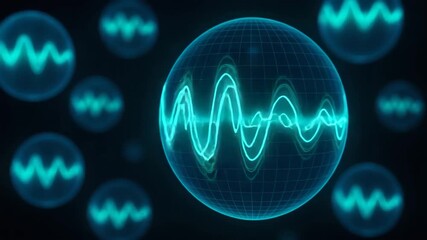Futuristic digital representation of sound waves within spheres, symbolizing sound technology and innovation in data visualization. - Powered by Adobe