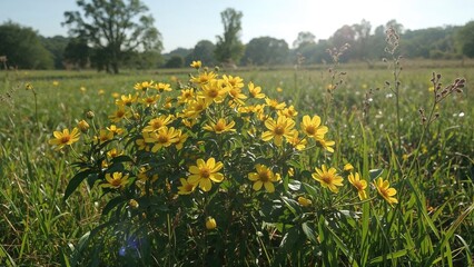 A bush of yellow flowers growing in a grassy field on a bright sunny day.