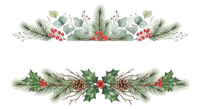 Elegant watercolor christmas floral border with pine branches, eucalyptus leaves, holly berries, and pine cones