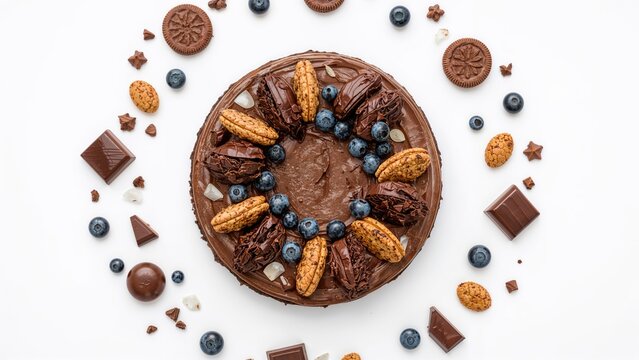 A chocolate cake decorated with blueberries and cookies, surrounded by assorted chocolates and sprinkles.