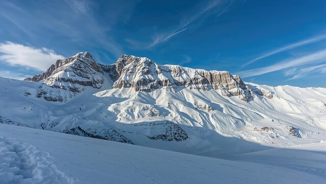 Snow-covered mountain range with rugged peaks and blue sky backdrop.
