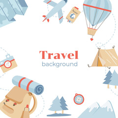 Bright travel set with plane, balloon, tent, backpack, map, camera, trees, and mountains. Light playful style for adventure and trip themes.