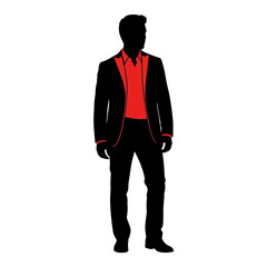 Silhouette of a man wearing a black suit with a red shirt and red accents
