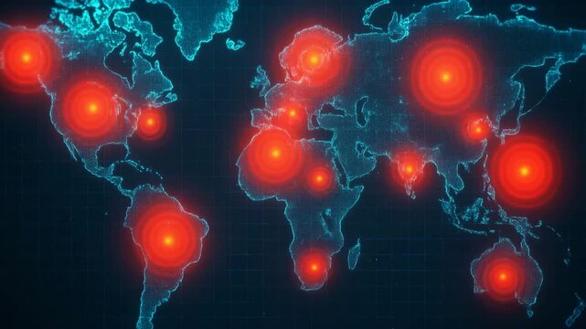 A digital world map highlighting critical data points with vibrant red markers, showcasing global connections and technological insights.
