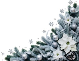 Festive Christmas corner decoration with frosted fir branches white poinsettias and silver ornaments
