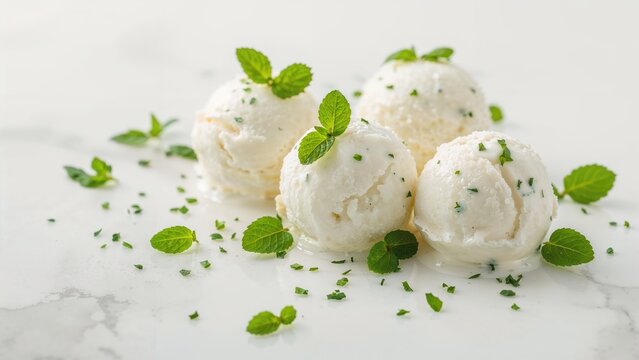 Scoops of vanilla ice cream garnished with fresh mint leaves and sprinkled with herbs on a white surface.
