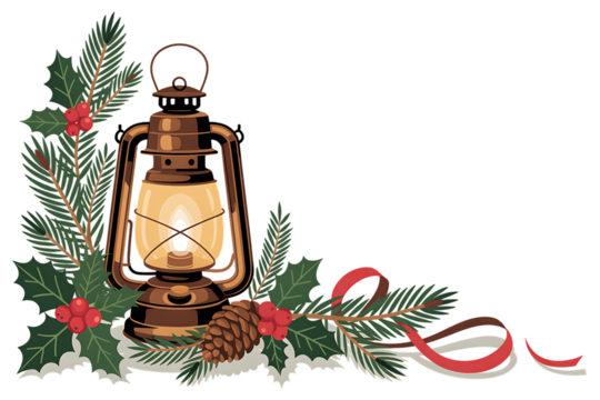 Vintage Lantern with Christmas Foliage and Red Ribbon Accent oil lamp glowing