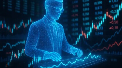 A futuristic digital representation of a business analyst interacting with virtual stock market data and graphs. - Powered by Adobe