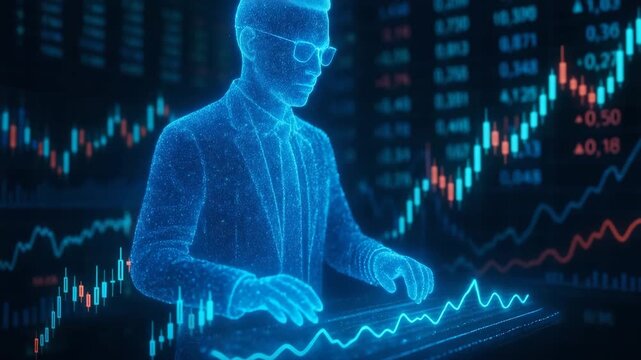 A futuristic digital representation of a business analyst interacting with virtual stock market data and graphs. - Powered by Adobe