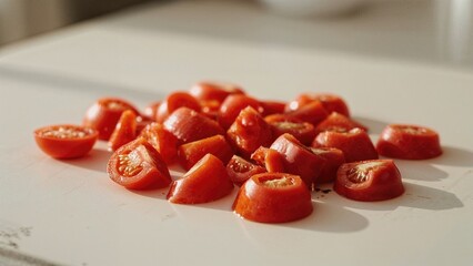 Chopped cherry tomatoes on a white surface. Fresh vegetables prepared for cooking or salad. Close-up of sliced tomatoes.
