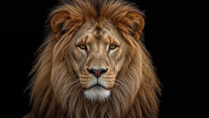 Fototapeta premium A lion's face with a dark background, showcasing its majestic mane and intense gaze.