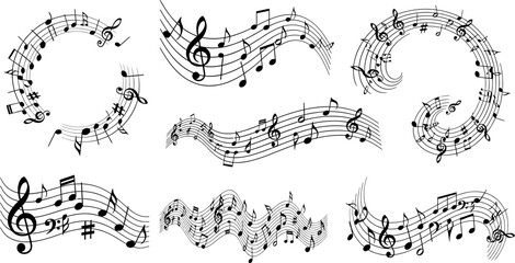 Vector Illustration of Dynamic Flowing Musical Notes and Staves Design Elements Set for Creative Projects