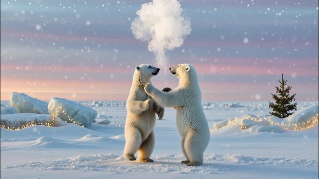 Two polar bears joyfully dancing together on a snowy Arctic landscape, with soft snowfall, glowing holiday lights, and a small decorated Christmas tree in the background.
