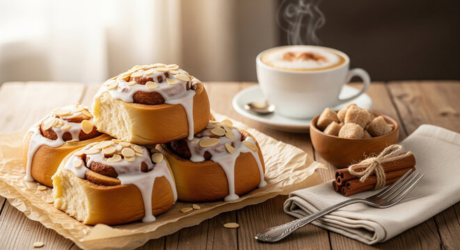 Freshly baked cinnamon rolls topped with sweet icing glaze, arranged on a plate. Soft dough, warm cinnamon filling, and a cozy homemade atmosphere make this inviting food scene perfect for bakery