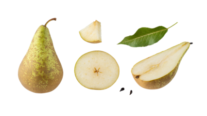 Fresh whole and sliced pear conference with seeds and leaf isolated on white background.