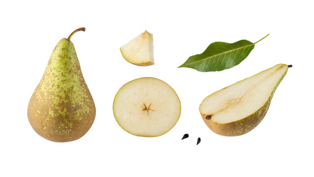 Fresh whole and sliced pear conference with seeds and leaf isolated on white background.