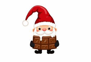 Obraz premium Cheerful Cartoon Santa Claus Character Holding a Delicious Chocolate Bar with Festive Red Hat Illustrating a Sweet Holiday Treat