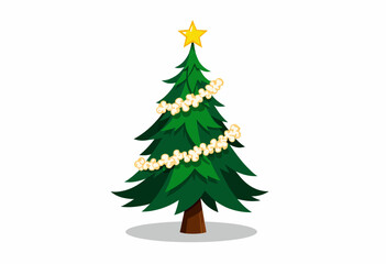 Obraz premium Illustration of a Decorated Christmas Tree with Star Topper and Popcorn Garland on a White Background