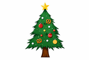 Fototapeta premium Vibrant illustration of a beautifully decorated Christmas tree adorned with festive ornaments, pretzels, and a glowing star topping, set against a white background