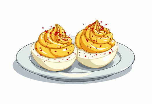 Illustrated Feast of Deliciously Creamy Deviled Eggs Garnished with Red Spice on Pristine White Ceramic Plate