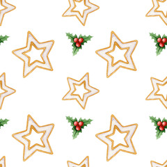 Seamless pattern of delicious watercolor gingerbread cookies with hollyberries isolated on white background. Bakery star decoration.