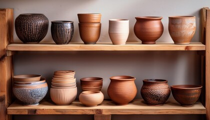 handcrafted ceramic ware on wooden shelves