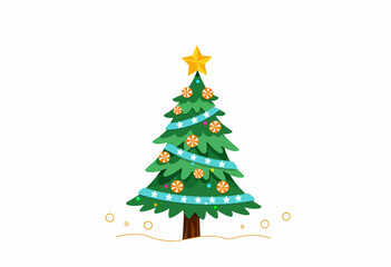 Festive Christmas Tree Illustration with Ornaments and Star, Depicting Holiday Spirit and Seasonal Celebration in Minimalist Design