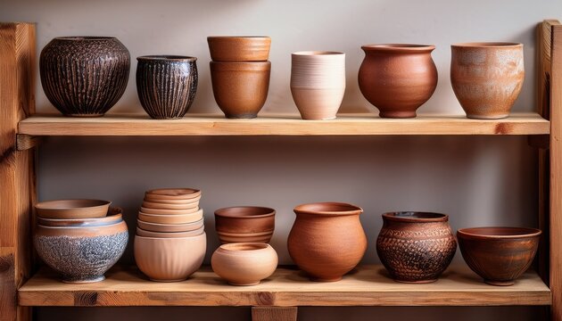 handcrafted ceramic ware on wooden shelves