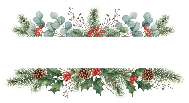 Elegant watercolor christmas border with pine branches, eucalyptus leaves, holly berries, and pinecones, perfect for holiday invitations, greeting cards, and festive designs - Powered by Adobe