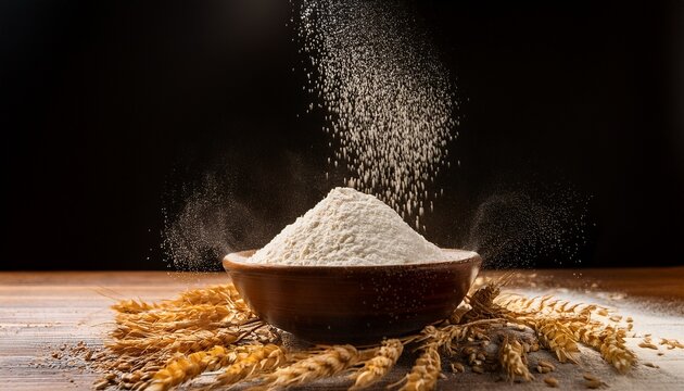 wheat grains in a bowl with flour particles flying