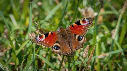 Colorful butterfly with eye spots on wings resting on grass and plants in natural environment.