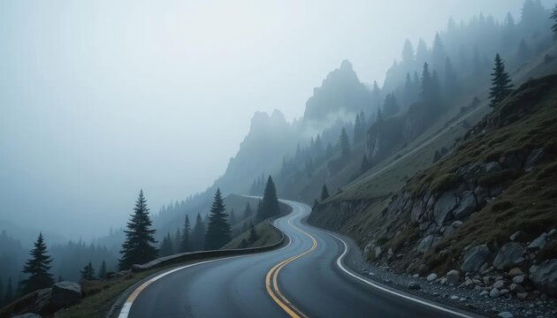 An empty winding road curves through a dense mountain forest shrouded in thick morning fog and mist - Powered by Adobe